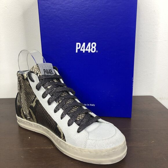 New P448 Skate Snakeskin Print Leather High Top Sneaker Glitter Laces Sz 35/US 5 - Picture 2 of 12
